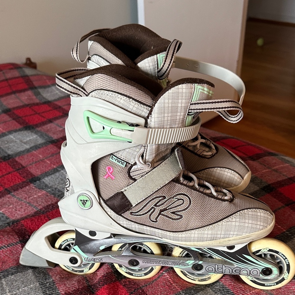 K2 Athena Inline Skates in Gray and Green, breast cancer awareness version